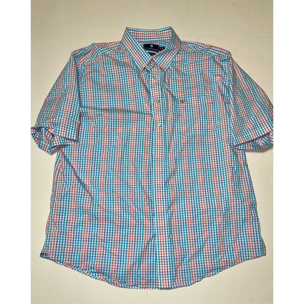 Southern Pines Shirt Mens XXL Blue Plaid Short Sleeve Button Up 2XL A21‎